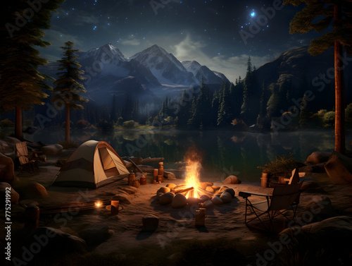 Illustration background of camp with a fireplace at late evening 