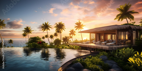 A beautiful tropical resort villa in tropical paradise with palm trees and ocean at sunset
