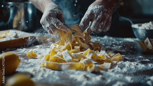 Person sprinkling flour on pasta, ideal for food bloggers