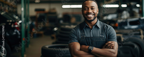 Handsome car mechanic standing with crossed arms in front of his car garage.