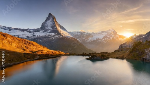 island landscapes sunrise view on bernese range above bachalpsee lake peaks eiger jungfrau faulhorn in famous location in switzerland alps grindelwald valley