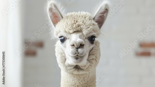 Closeup portrait of a fluffy white Alpaca with a serene expression and detailed wool texture