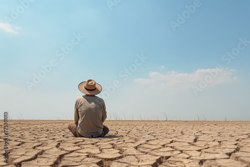 A lone man sits contemplating on a vast expanse of dry, cracked soil, indicating severe drought conditions. Man Sitting on Dried Cracked Earth Under Sky