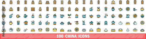 100 china icons set. Color line set of china vector icons thin line color flat on white