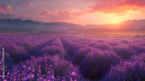Vivid lavender fields at dusk, high resolution photography to enhance scenic realism and beauty