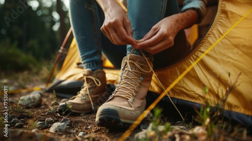 A person tying up a pair of hiking shoes. Ideal for outdoor and adventure concepts
