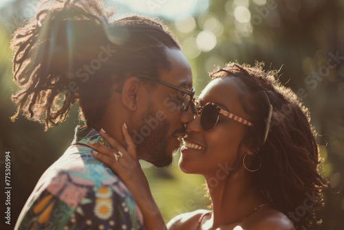 A man and woman are kissing and the woman is wearing sunglasses