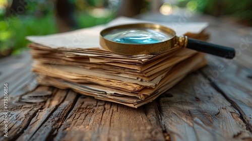 Stack of report paper documents with a magnifying glass, representing the idea of business and search.