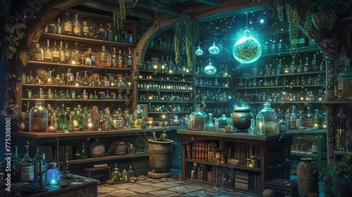 An alchemist's haven of bubbling cauldrons and mystical potions under the soft glow of faerie lights.