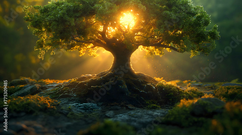 The tree basks in the warm embrace of sunshine in the heart of a wild forest.