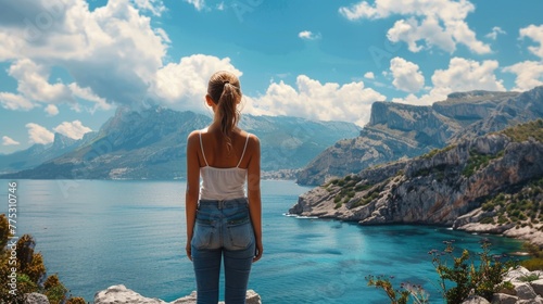 A woman standing on a cliff looking at the water below. Ideal for travel and adventure concepts