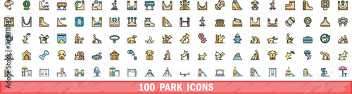 100 park icons set. Color line set of park vector icons thin line color flat on white