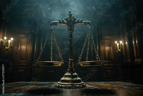 Scales of justice inside a dark court hall in a cinematic style with soft rays behind it. Legal concepts of judiciary, Jurisprudence and justice.