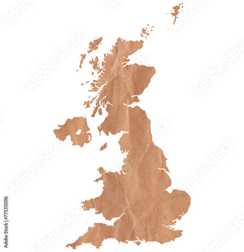 Map of United Kingdom made with crumpled kraft paper. Handmade map with recycled material