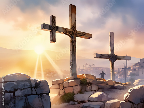 View the three Crosses on Golgotha from the Holy Sepulchre at sunrise. Digital watercolor painting illustration.