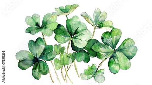 A painting of four leaf clovers on a white background. Can be used for St. Patrick's Day decorations