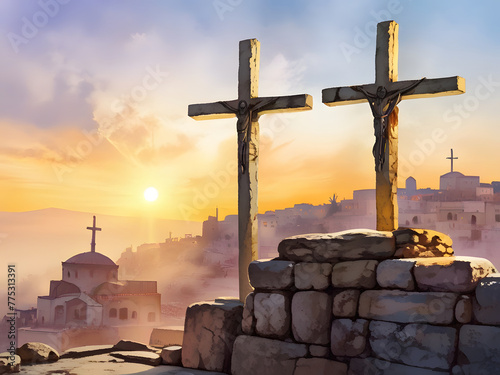 View the three Crosses on Golgotha from the Holy Sepulchre at sunrise. Digital watercolor painting illustration.