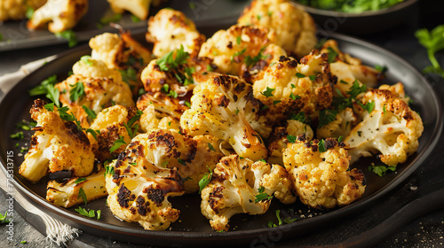 Roasted cauliflower topped with parsley on plate