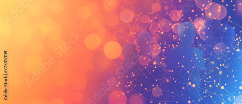 A visually striking banner celebrating unity and connection, portraying diverse people shapes interlinked by dots and lines in a vibrant color palette of blue, orange, and purple. Ai generated