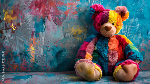 Multi-colored teddy bear on a studio background