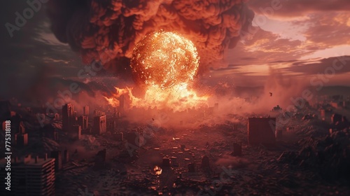 A massive explosion in the sky above a city, suitable for disaster or war themed projects