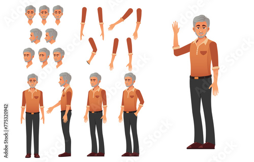 Older male character with a collection of facial expressions and pose options for animation.