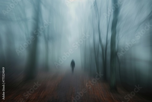 An anonymous figure is moving away on a forest trail, rendered in motion blur, creating a ghostly and enigmatic presence amidst the fog