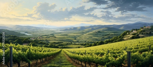 Scenic painting featuring a vineyard overlooking a lush valley with rolling hills and grapevines under a clear sky