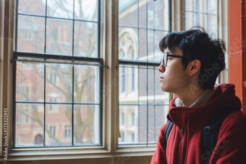 A young individual lost in thought while looking through a large window, with an old building reflected in the glass