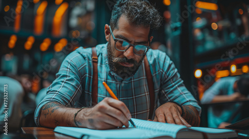 Serious bearded hipster man sitting in office at desk, making notes in notebook, working on laptop.Entrepreneur analyzes information, develops business plan.Freelancer works. 