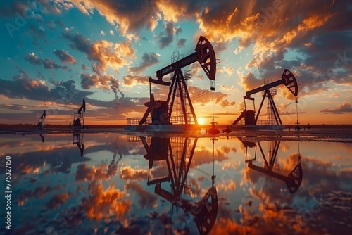 oil production rigs at sunset