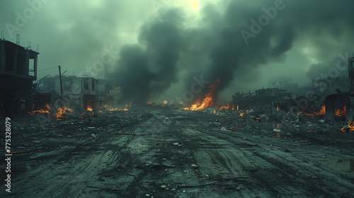 A desolate city street with a large fire in the distance. AI.