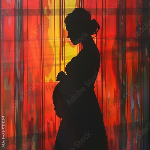 In a world of bold lines and bright hues, a pregnant silhouette stands, her form encapsulated in comicstyle exclamations of joy