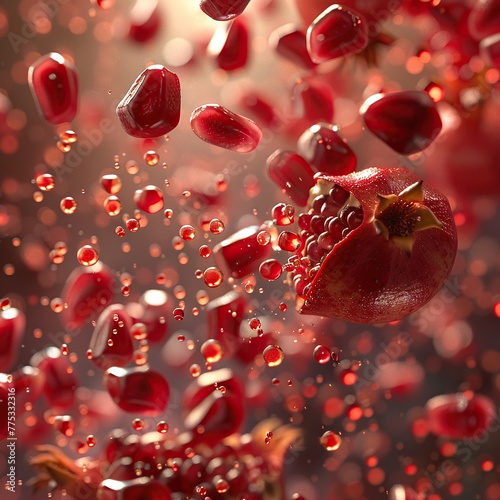 Pomegranate seeds spreading out in an explosion, each Ping and Pang showing their dispersal , soft shadowns