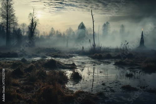 Abstract foggy gloomy frosty swamp landscape with dark black forest in the background