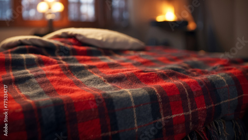 Checkered bedspread on bed closeup