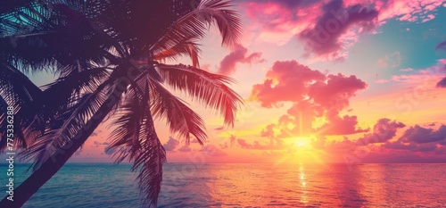 A beautiful sunset over the palm trees on an exotic beach, creating a stunning and colorful background for your design projects Generative AI