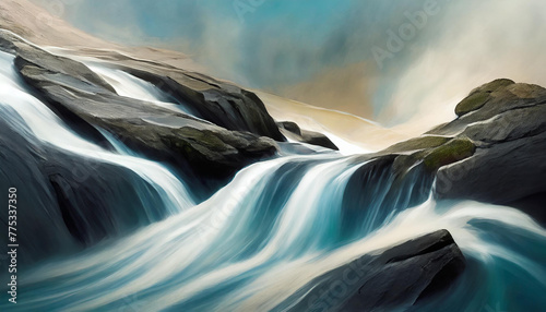 Abstract art of noisy speedy stream water flowing over rocks.