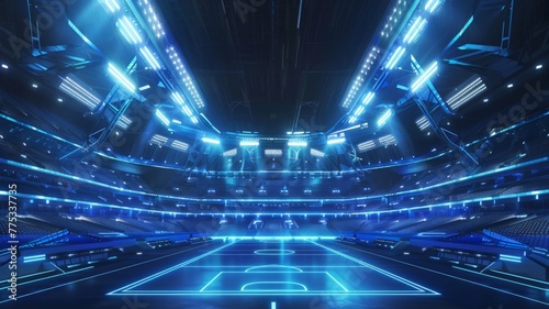 Lit-up sports arena with blue neon accents - A captivating sports arena radiates with blue neon accents and futuristic architectural design