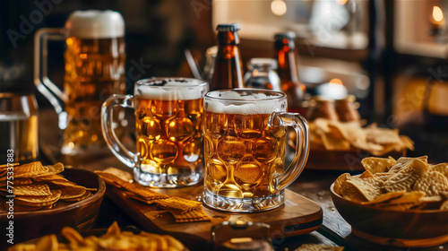 Pints of beer, chips and salty snacks on the table. Set of snacks and beverage soccer fan at home.