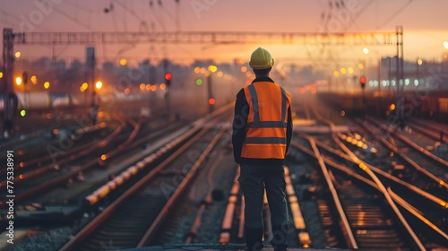 An engineer wearing a safety vest standing confidently on the railway tracks generative ai