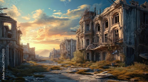 An overgrown city street at sunset, with crumbling buildings and debris scattered throughout.