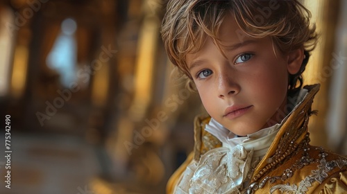 A young boy in a regal prince costume, his stature noble, set within a grand castle environment Captured in 16k, realistic, full ultra HD, high resolution, and cinematic photography