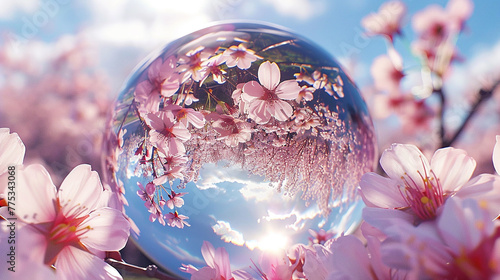 A serene cherry blossom grove in full bloom, where delicate pink petals dance on the breeze against a backdrop of azure skies, captured within a picturesque 3D glass globe.