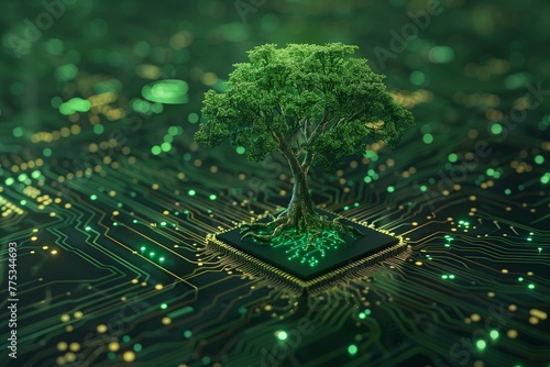 n exuberante árbol brota de una placa de circuito, sus raíces entrelazadas con caminos digitales, simbolizando el crecimiento orgánico dentro del reino de la tecnología.
