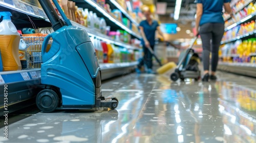 Professional cleaning services worker operating floor washing machine to sanitize supermarket premises: hygiene maintenance in retail environment
