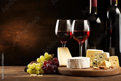 Red wine glasses with assorted cheese, grapes, and bottles on a wooden table, with a warm ambiance. Elegant Red Wine and Cheese Tasting Setup