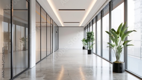 Dark and eerie corridor in modern office building - perspective view of a dimly lit hallway with fluorescent lighting, conveying a sense of mystery and suspense - urban architecture photography