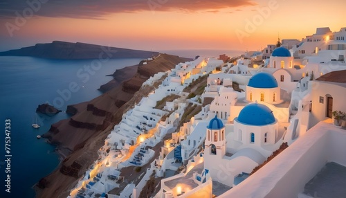 Amazing evening view of Santorini island. Panorama of summer sunset on the famous Greek resort Fira, Greece, Europe. Luxury travel concept background. Summer vacation or holiday, fantastic scene 