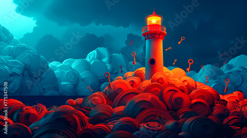 A vibrant lighthouse on a hill of red and blue fabrics with floating keys in the sky